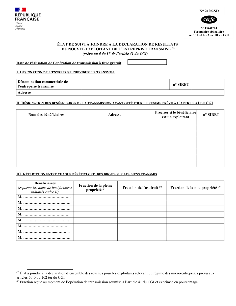 Page 1 du formulaire impots.gouv.fr n° 2106-SD — Suivre les plus-values en report après une transmission d'entreprise