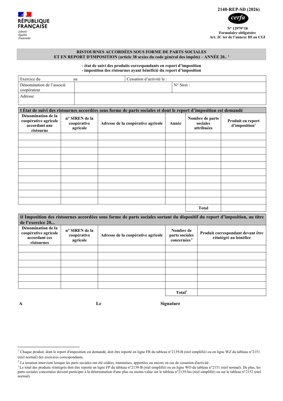 Page 1 du formulaire impots.gouv.fr n° 2140-REP-SD — Suivre les ristournes de coopérative agricole reçues en parts sociales