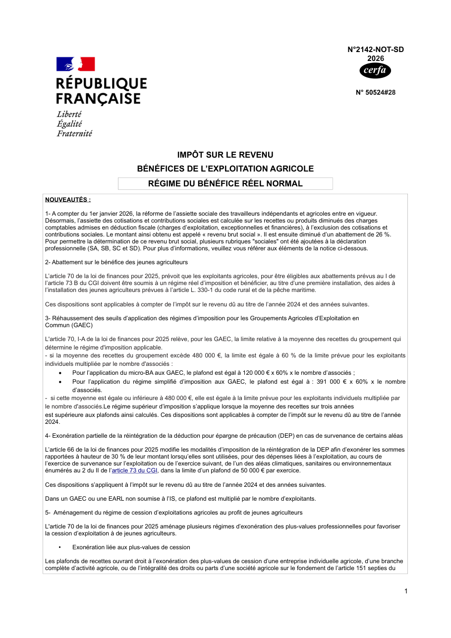 Page 1 du formulaire impots.gouv.fr n° 2142-NOT-SD — Remplir les tableaux des bénéfices agricoles au régime réel normal