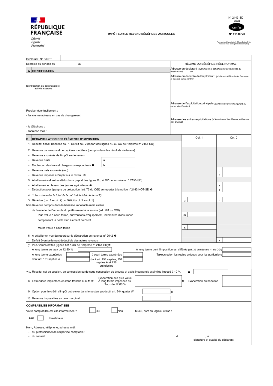 Page 1 du formulaire impots.gouv.fr n° 2143-SD — Déclarer ses bénéfices agricoles au régime réel normal