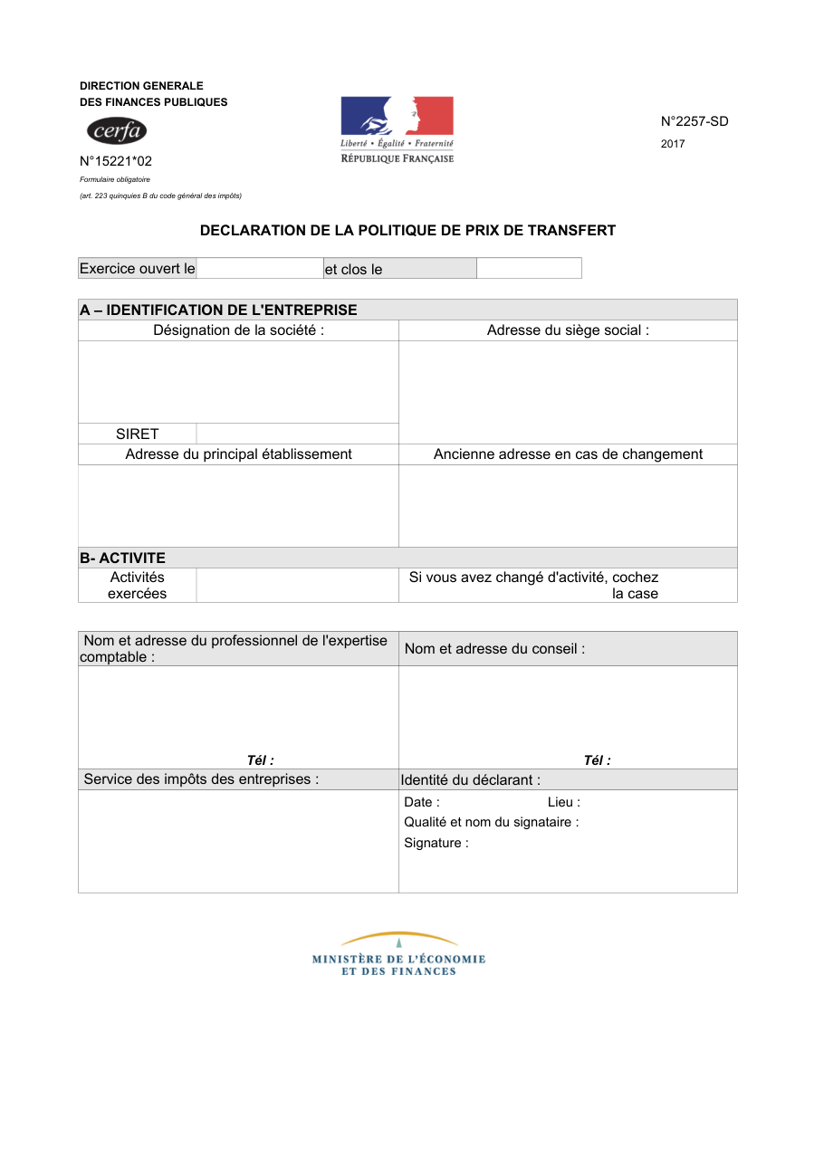 Page 1 du formulaire impots.gouv.fr n° 2257-SD — Déclarer la politique de prix de transfert de son entreprise