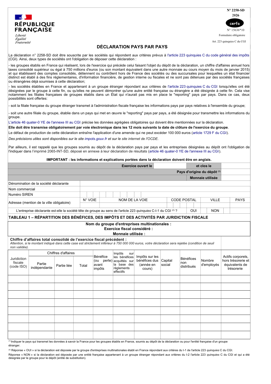 Page 1 du formulaire impots.gouv.fr n° 2258-SD — Déposer la déclaration pays par pays d'un groupe multinational