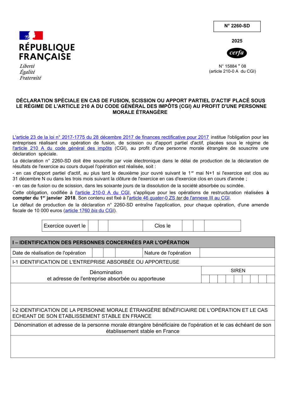 Page 1 du formulaire impots.gouv.fr n° 2260-SD — Déclarer une fusion ou un apport au profit d'une société étrangère