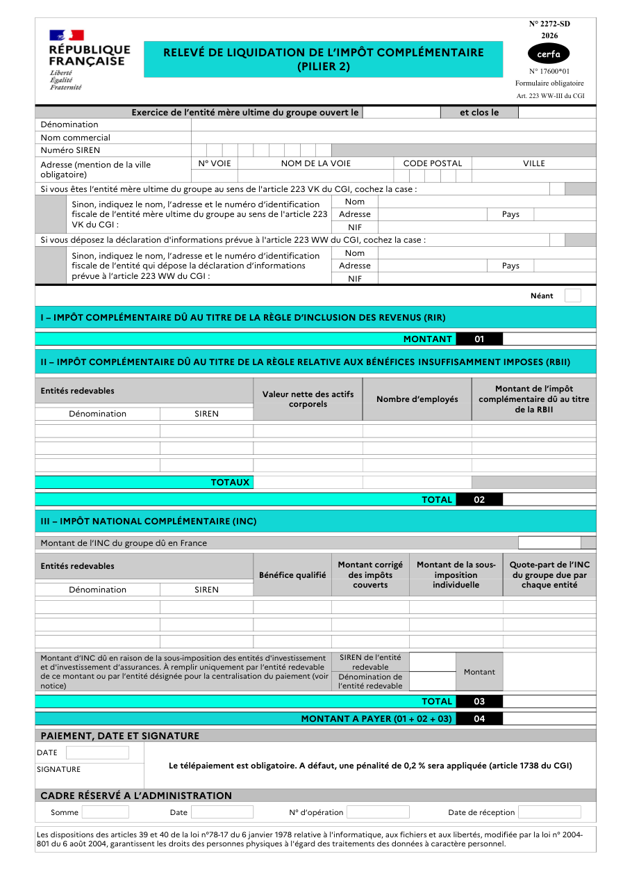 Page 1 du formulaire impots.gouv.fr n° 2272-SD — Liquider l'impôt complémentaire du Pilier 2