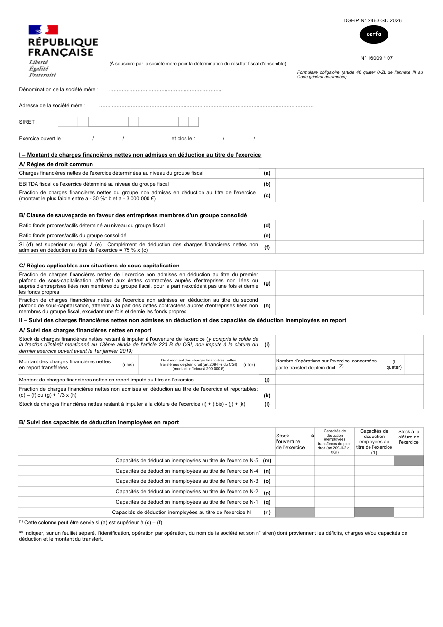 Page 1 du formulaire impots.gouv.fr n° 2463-SD — Déterminer et suivre les charges financières nettes d'un groupe fiscal