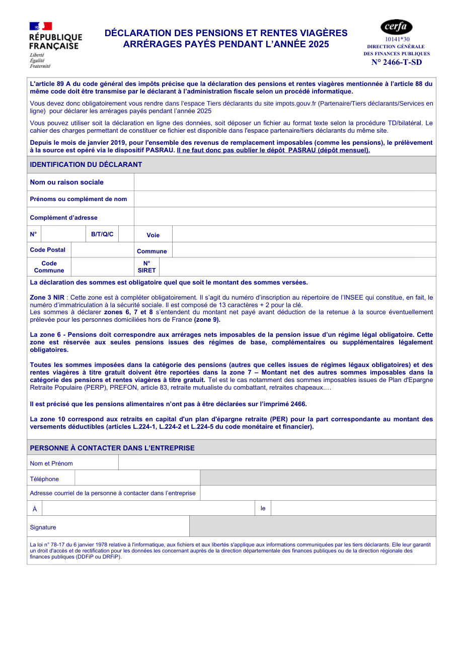 Page 1 du formulaire impots.gouv.fr n° 2466-T — Déclarer les pensions et rentes viagères que l'on verse