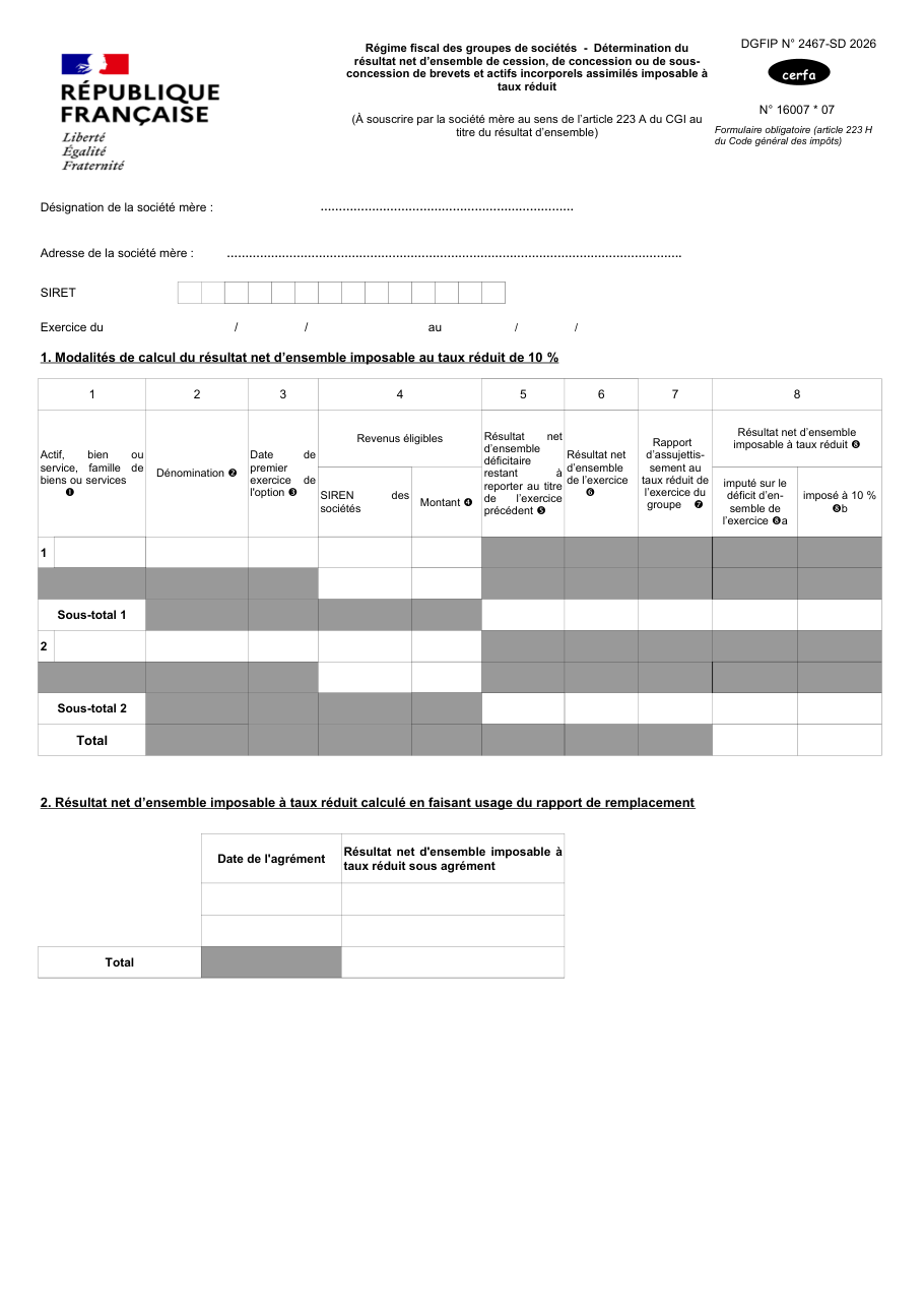 Page 1 du formulaire impots.gouv.fr n° 2467-SD — Déterminer le résultat d'ensemble des brevets imposable à taux réduit dans un groupe