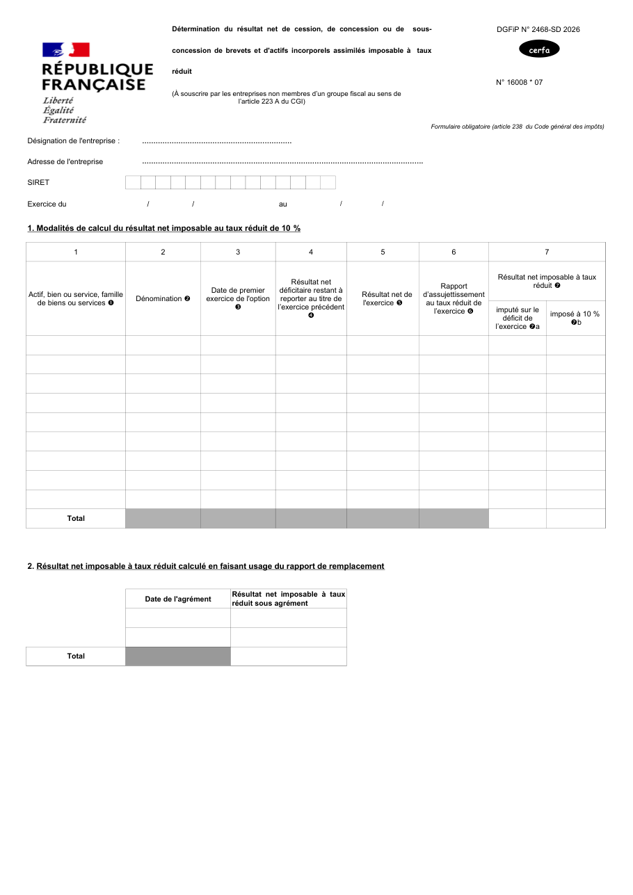 Page 1 du formulaire impots.gouv.fr n° 2468-SD — Déterminer le résultat des brevets imposable à taux réduit hors groupe fiscal
