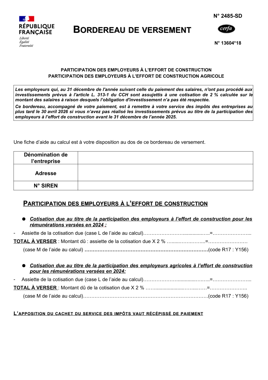 Page 1 du formulaire impots.gouv.fr n° 2485-SD — Verser la participation des employeurs à l'effort de construction