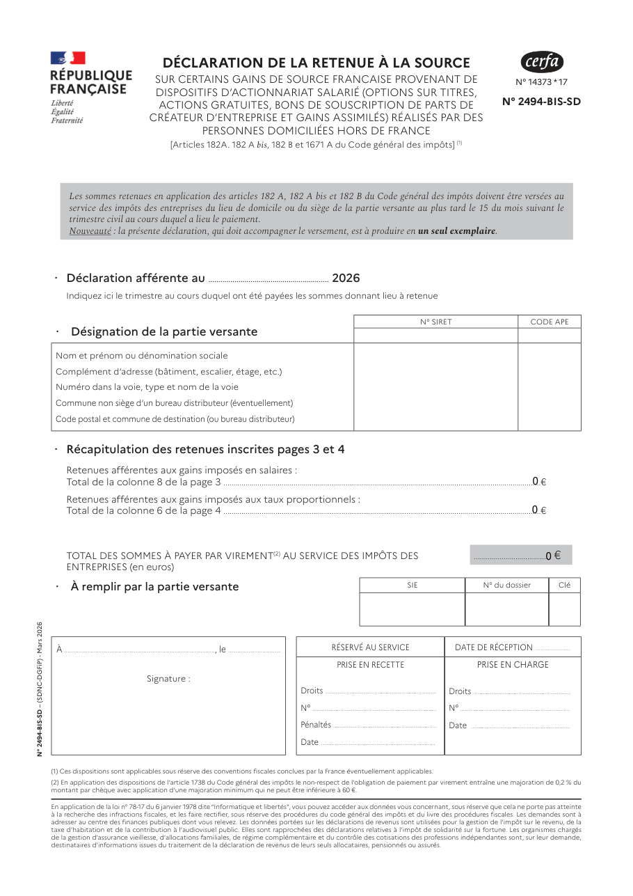 Page 1 du formulaire impots.gouv.fr n° 2494-BIS-SD — Déclarer la retenue à la source sur les gains d'actionnariat salarié des non-résidents