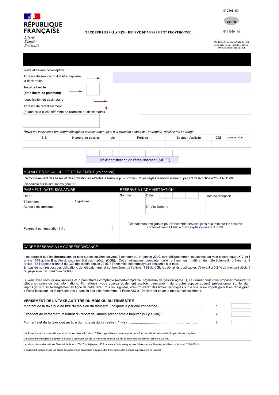 Page 1 du formulaire impots.gouv.fr n° 2501-SD — Verser un acompte de taxe sur les salaires