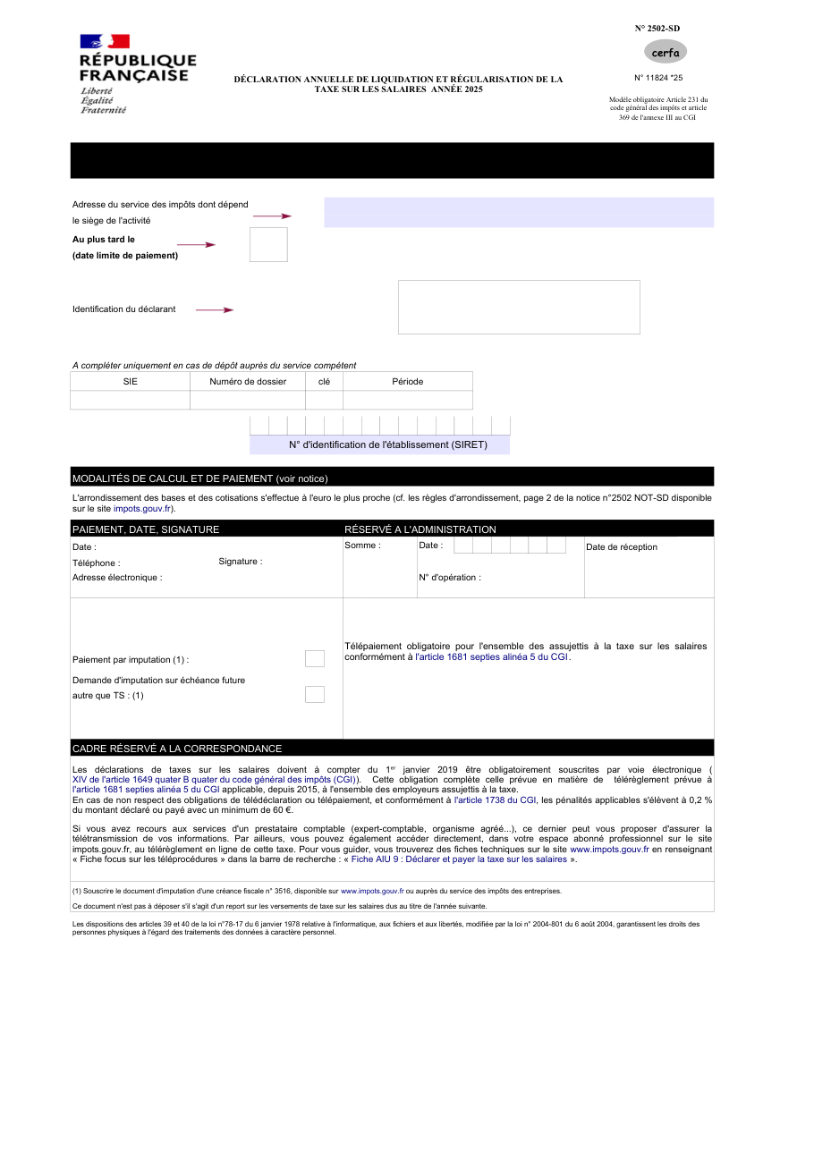 Page 1 du formulaire impots.gouv.fr n° 2502-SD — Liquider et régulariser la taxe sur les salaires de l'année