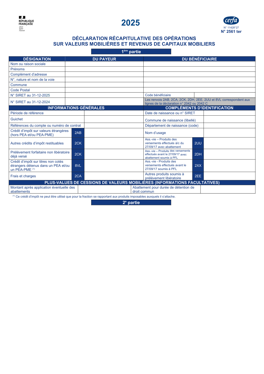 Page 1 du formulaire impots.gouv.fr n° 2561-TER — Lire le récapitulatif des opérations sur valeurs mobilières et revenus de capitaux mobiliers