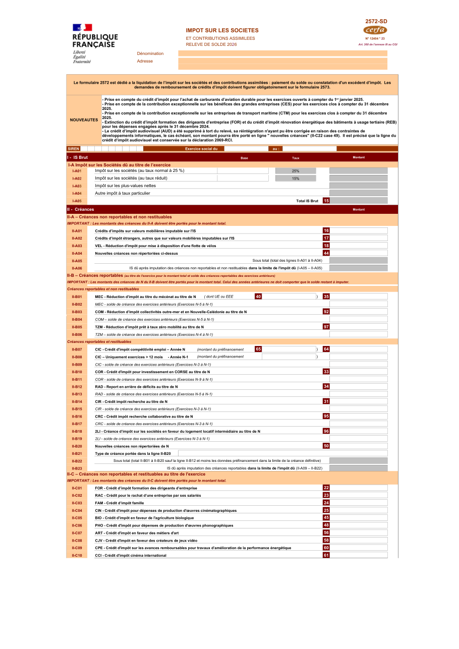 Page 1 du formulaire impots.gouv.fr n° 2572-SD — Payer le solde d'impôt sur les sociétés