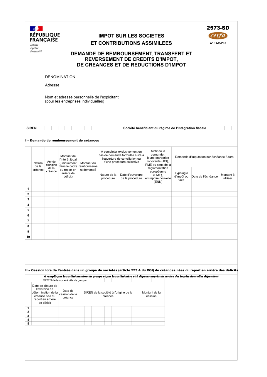 Page 1 du formulaire impots.gouv.fr n° 2573-SD — Demander le remboursement d'un crédit d'impôt d'entreprise