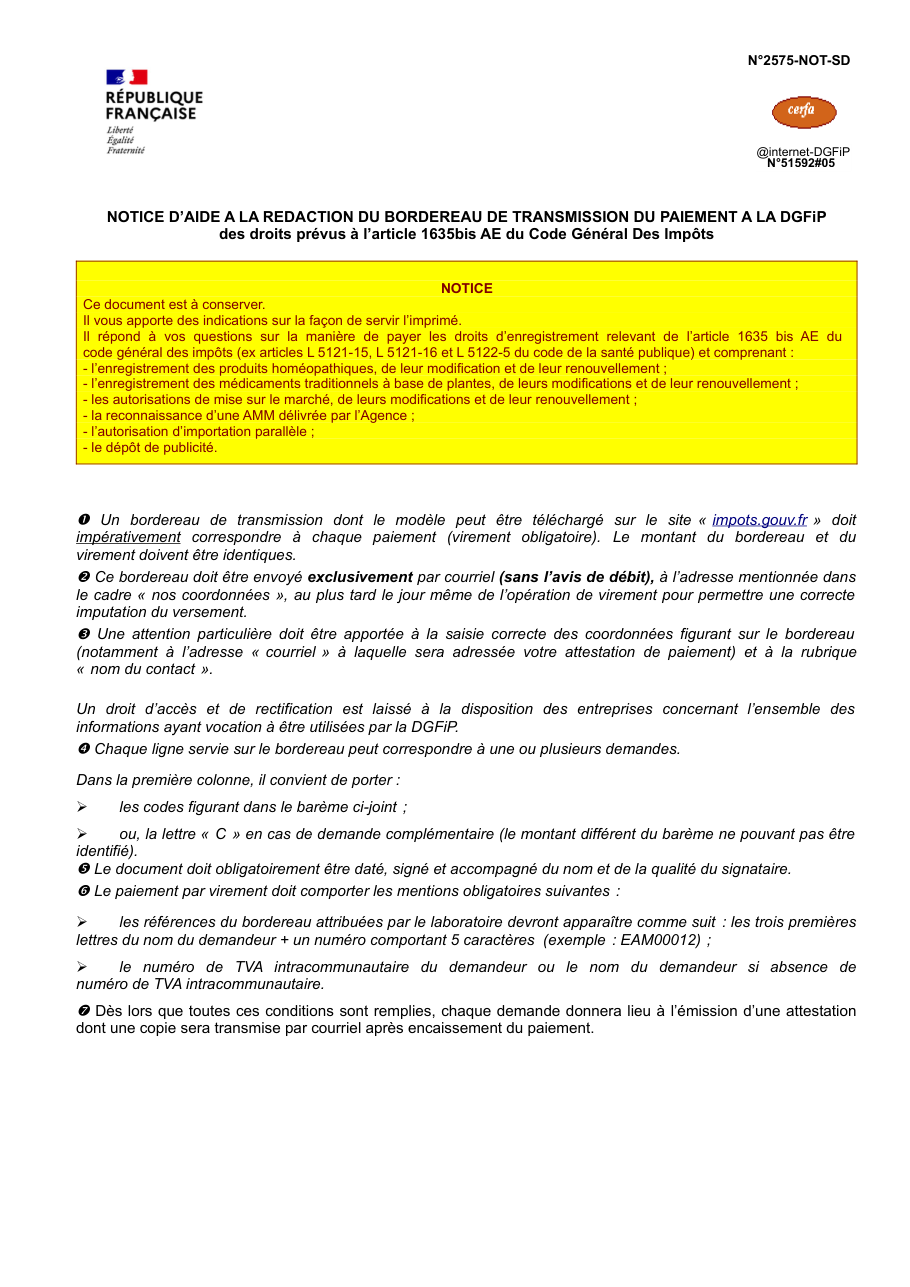 Page 1 du formulaire impots.gouv.fr n° 2575-NOT-SD — Remplir le bordereau de paiement des droits d'enregistrement des médicaments