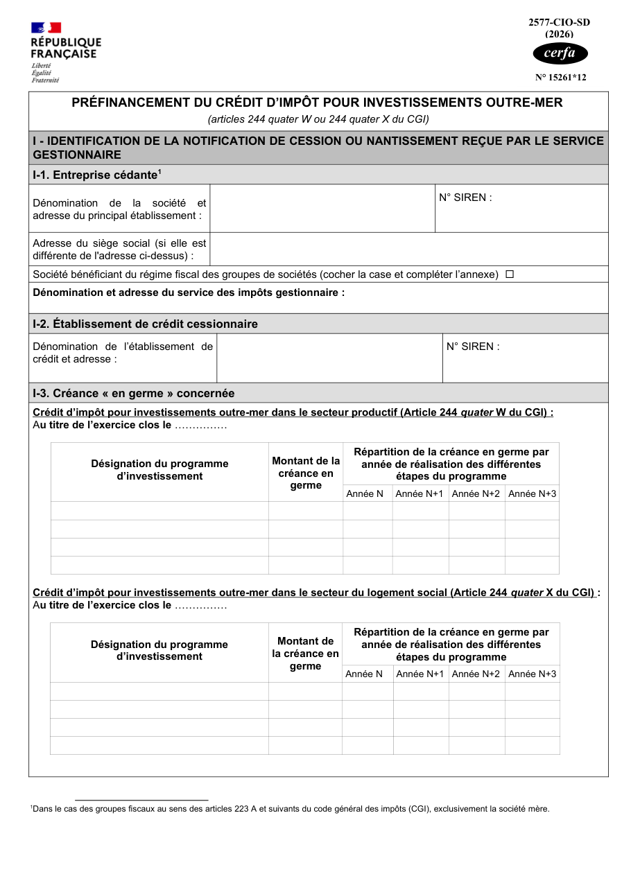Page 1 du formulaire impots.gouv.fr n° 2577-CIO-SD — Faire certifier une créance en germe de crédit d'impôt outre-mer