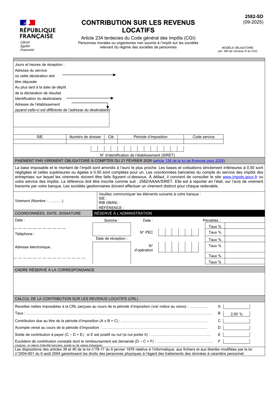 Page 1 du formulaire impots.gouv.fr n° 2582-SD — Déclarer et payer le solde de la contribution sur les revenus locatifs