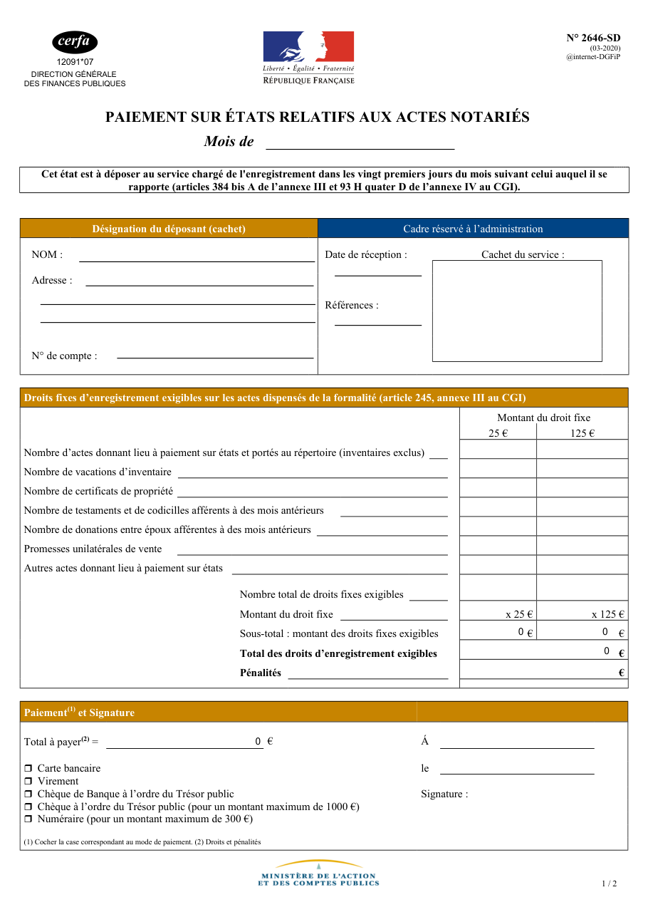 Page 1 du formulaire impots.gouv.fr n° 2646-SD — Payer sur états les droits d'enregistrement des actes notariés