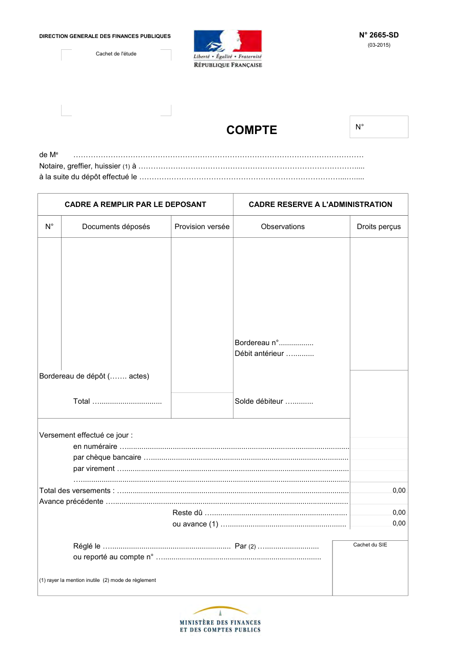 Page 1 du formulaire impots.gouv.fr n° 2665-SD — Arrêter le compte de dépôt d'un notaire, greffier ou huissier