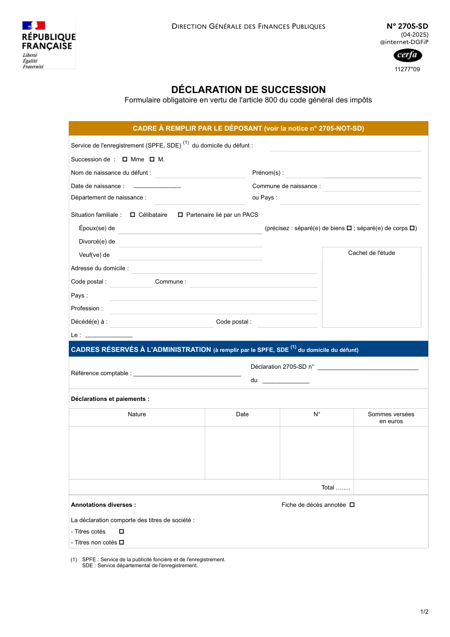 Page 1 du formulaire impots.gouv.fr n° 2705-SD — Déposer la déclaration de succession d'une personne décédée