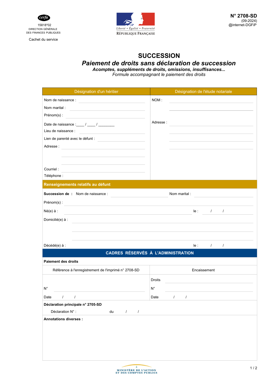 Page 1 du formulaire impots.gouv.fr n° 2708-SD — Payer des droits de succession sans déposer de déclaration