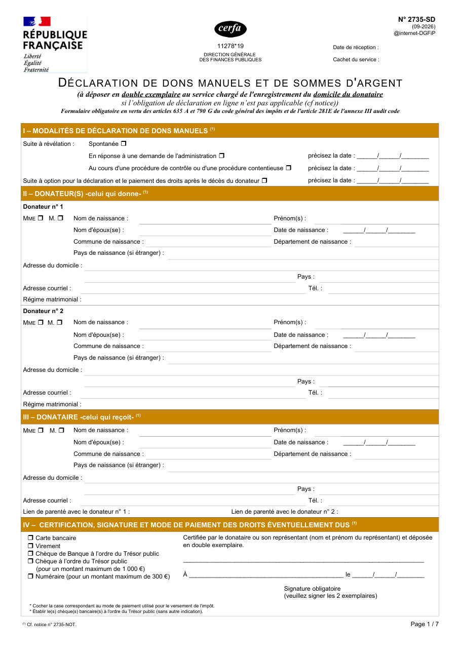 Page 1 du formulaire impots.gouv.fr n° 2735-SD — Déclarer un don manuel ou un don de somme d'argent