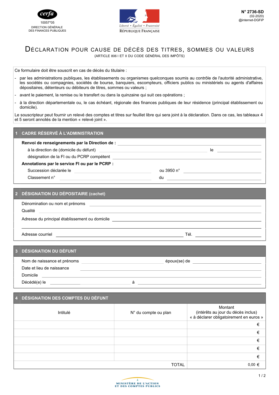 Page 1 du formulaire impots.gouv.fr n° 2736-SD — Déclarer les titres, sommes ou valeurs détenus par une personne décédée