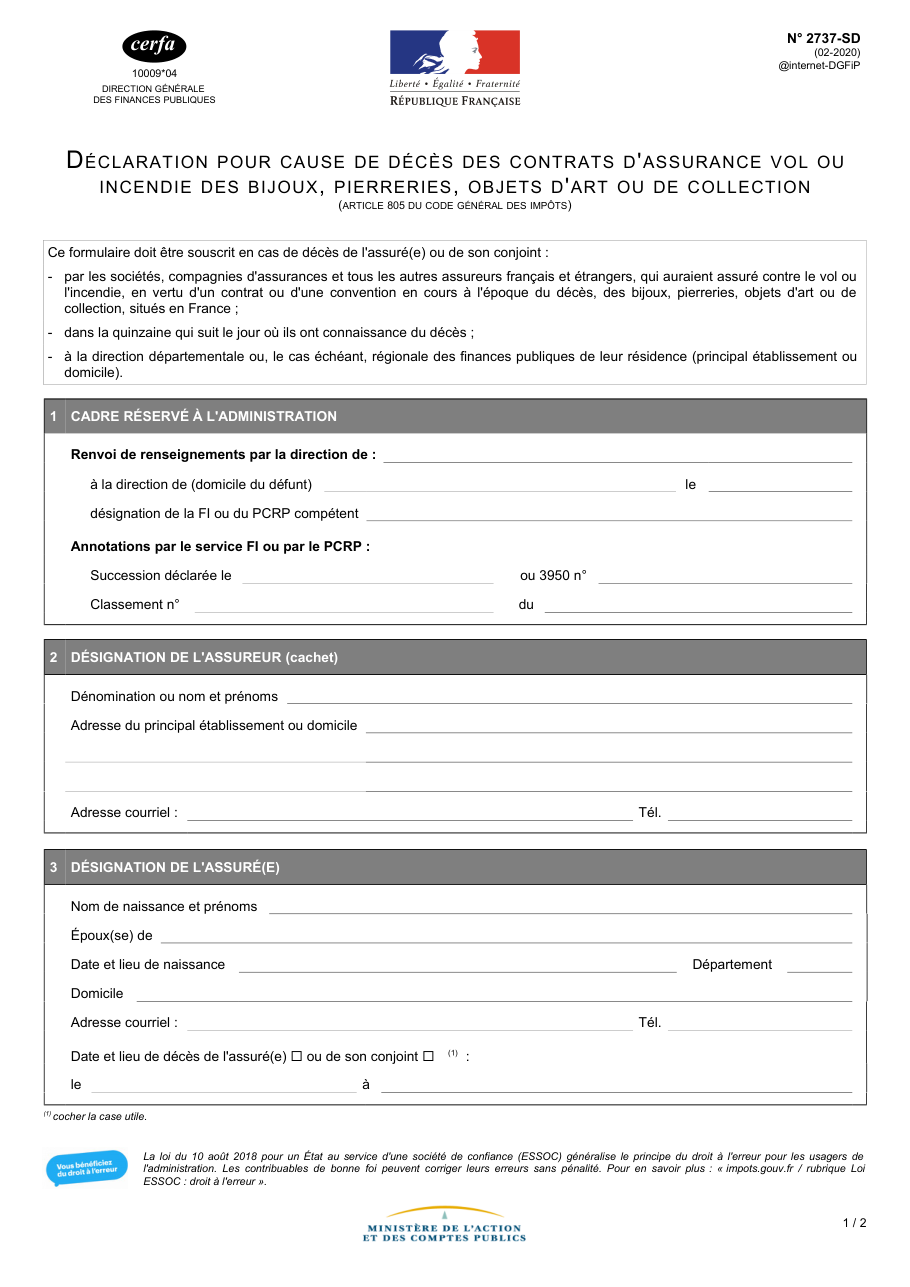 Page 1 du formulaire impots.gouv.fr n° 2737-SD — Déclarer, après un décès, un contrat d'assurance de bijoux ou d'objets d'art