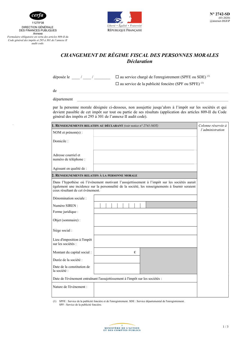 Page 1 du formulaire impots.gouv.fr n° 2742-SD — Déclarer le passage d'une société à l'impôt sur les sociétés