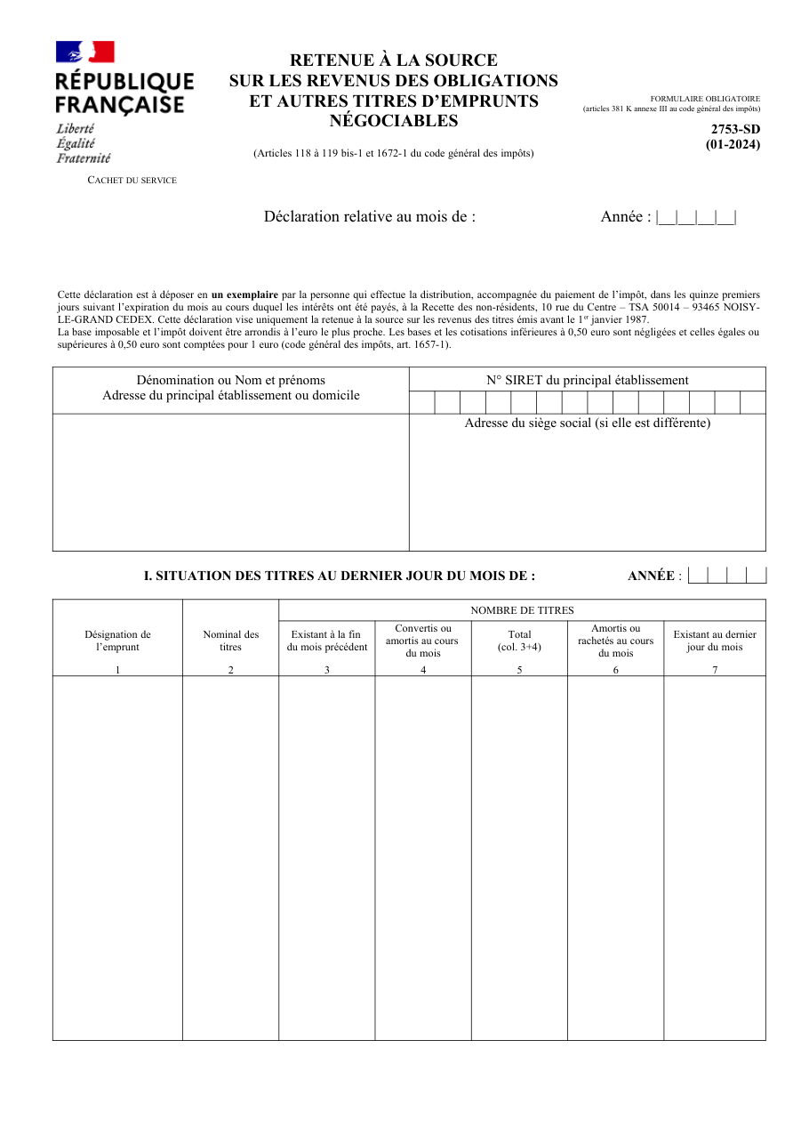 Page 1 du formulaire impots.gouv.fr n° 2753-SD — Déclarer la retenue à la source sur les revenus d'obligations anciennes