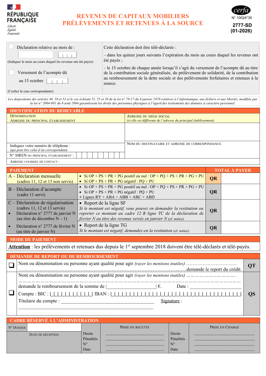 Page 1 du formulaire impots.gouv.fr n° 2777-SD — Déclarer les prélèvements et retenues sur revenus de capitaux mobiliers