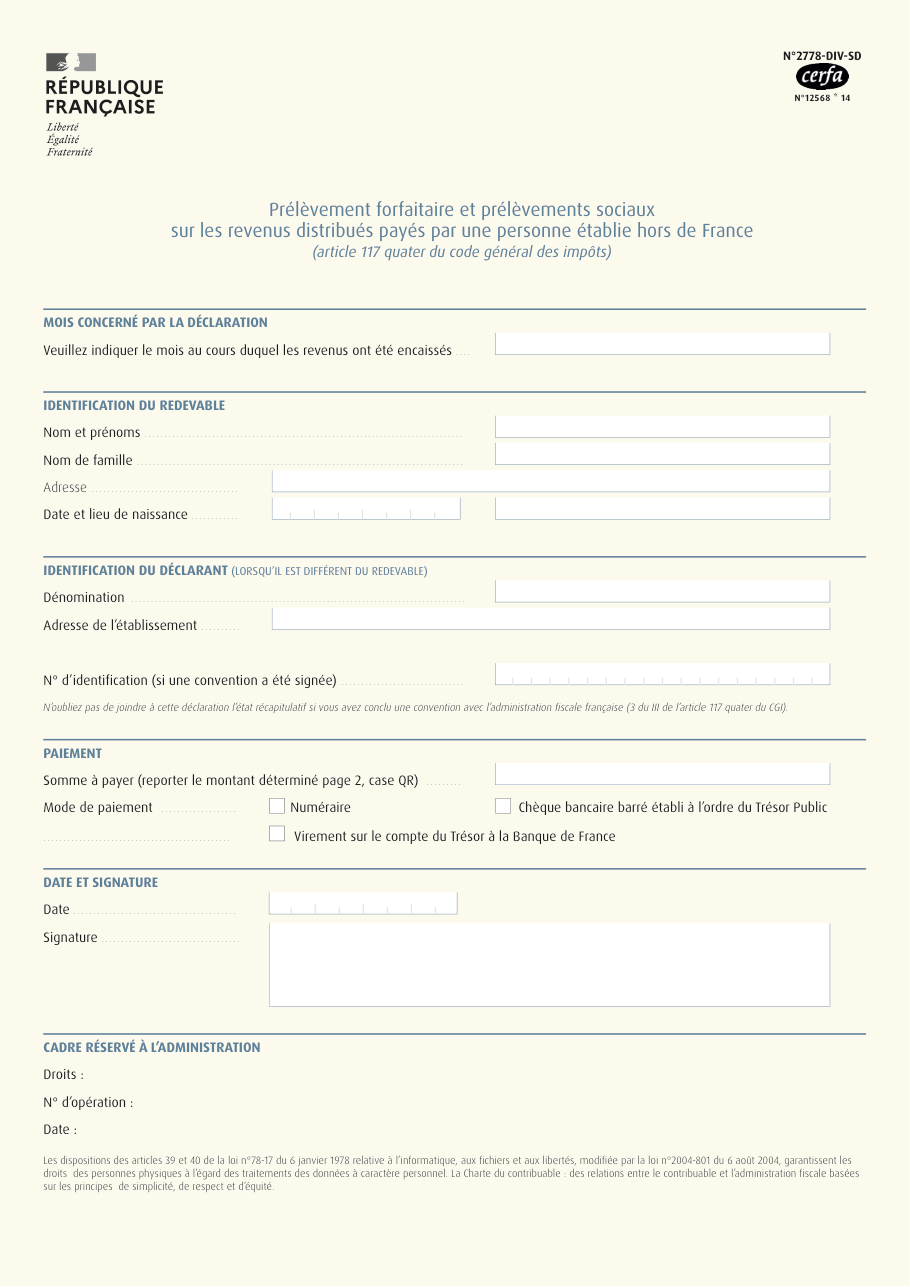 Page 1 du formulaire impots.gouv.fr n° 2778-DIV-SD — Déclarer le prélèvement sur des dividendes payés par un établissement étranger