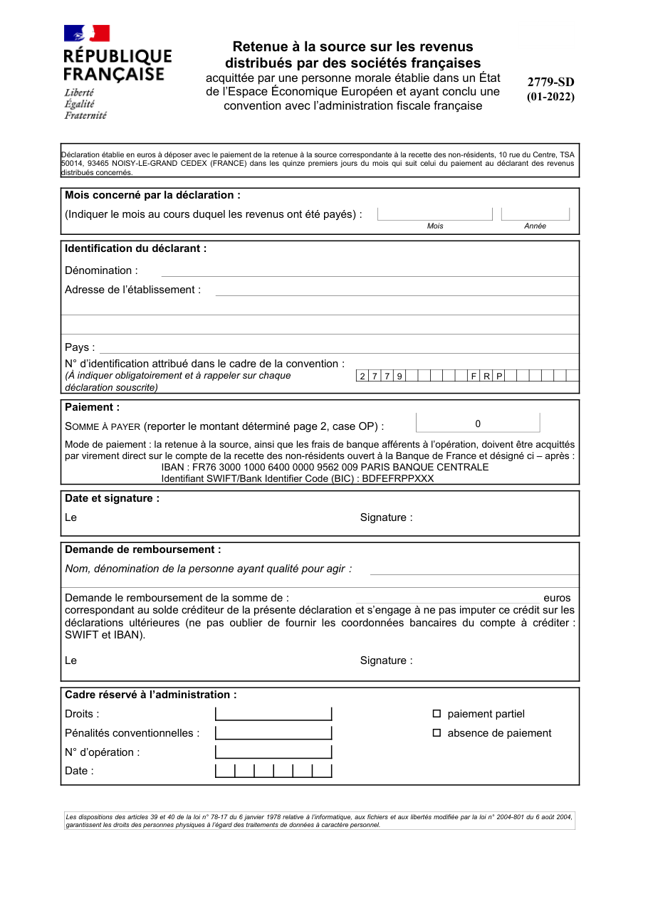 Page 1 du formulaire impots.gouv.fr n° 2779-SD — Acquitter la retenue à la source sur des revenus distribués, depuis un État de l'Espace économique européen