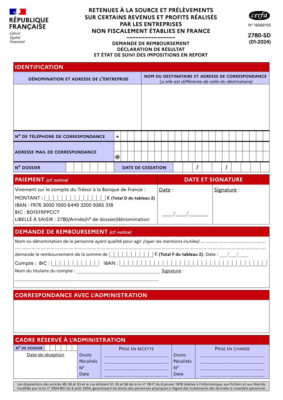Page 1 du formulaire impots.gouv.fr n° 2780-SD — Déclarer les retenues à la source d'une entreprise non établie en France