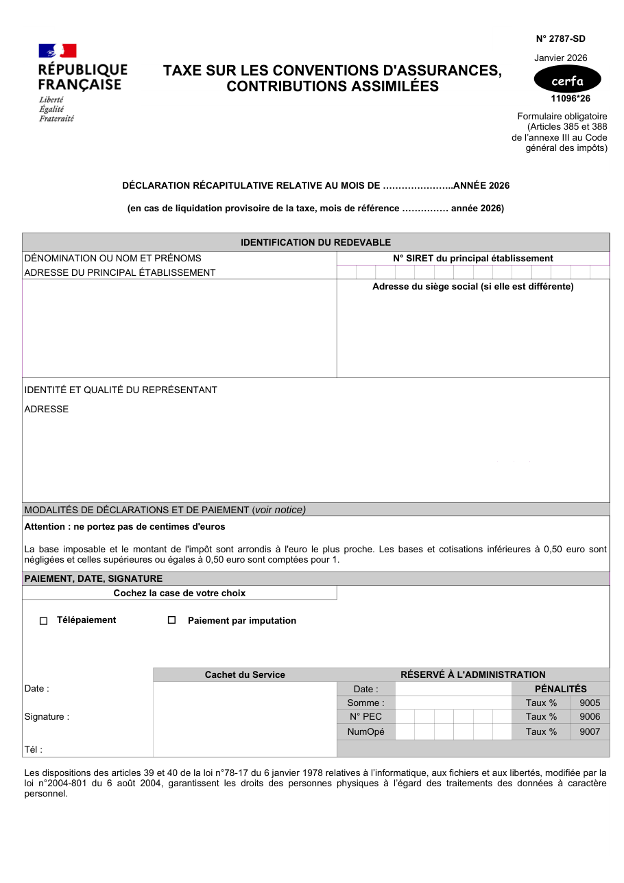 Page 1 du formulaire impots.gouv.fr n° 2787-SD — Déclarer et payer la taxe sur les conventions d'assurances