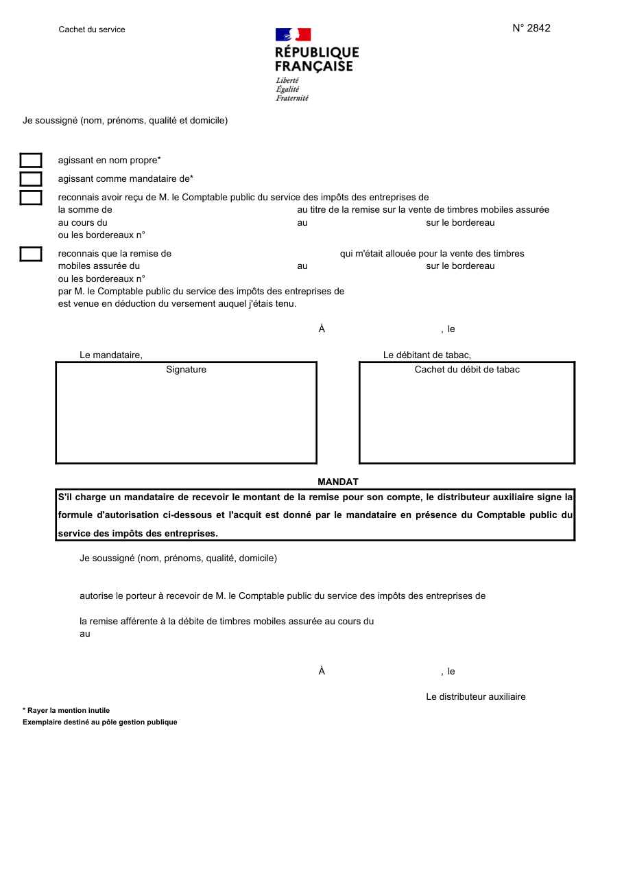 Page 1 du formulaire impots.gouv.fr n° 2842-SD — Donner quittance de la remise sur la vente de timbres mobiles