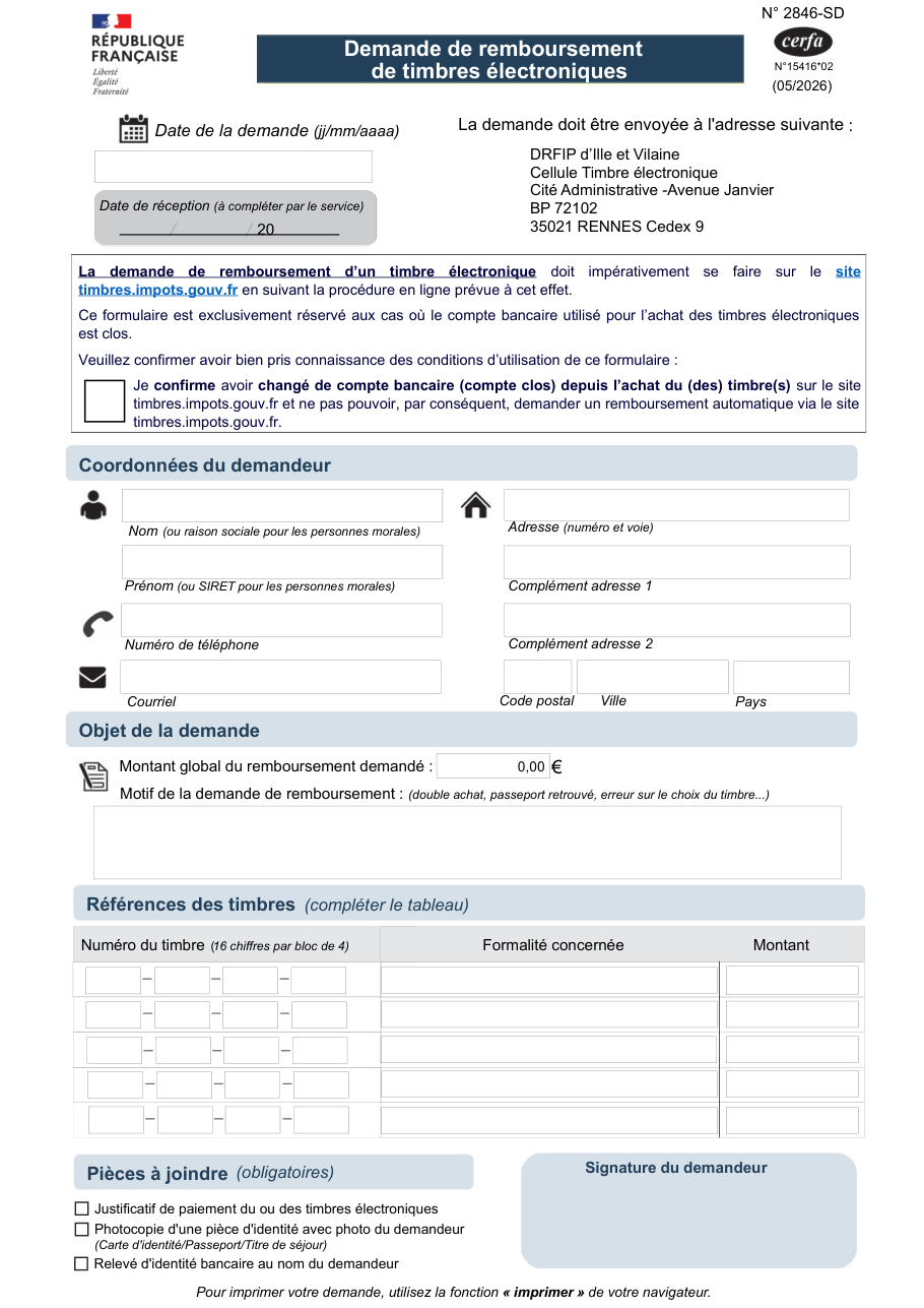 Page 1 du formulaire impots.gouv.fr n° 2846-SD — Demander le remboursement d'un timbre fiscal électronique