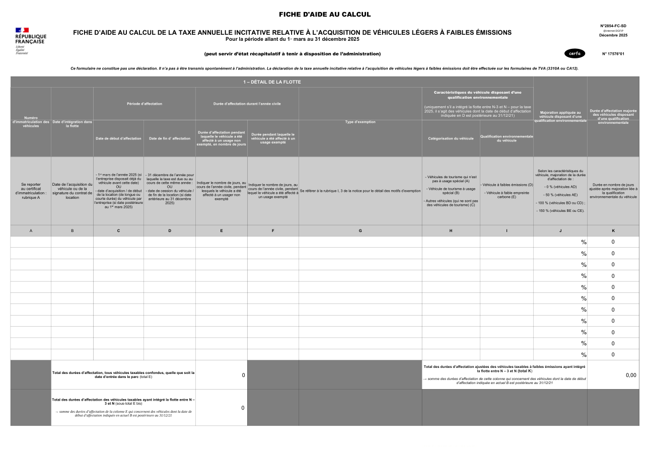 Page 1 du formulaire impots.gouv.fr n° 2854-FC-SD — Calculer la taxe incitative à l'acquisition de véhicules légers à faibles émissions