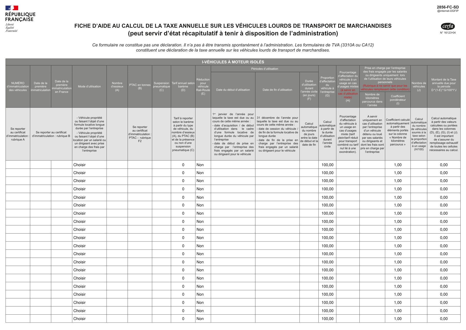 Page 1 du formulaire impots.gouv.fr n° 2856-FC-SD — Calculer la taxe annuelle sur les véhicules lourds de transport de marchandises