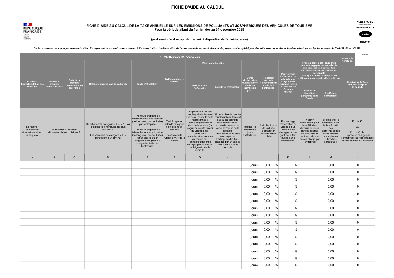 Page 1 du formulaire impots.gouv.fr n° 2858-FC-SD — Calculer la taxe annuelle sur les émissions de polluants atmosphériques