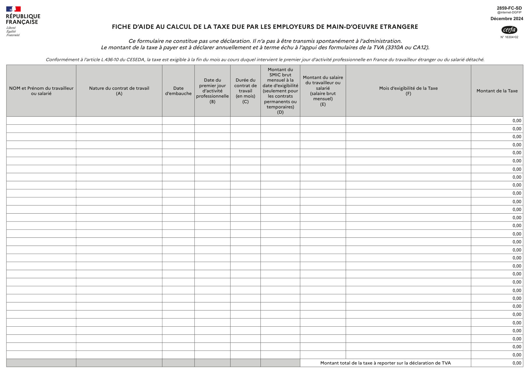 Page 1 du formulaire impots.gouv.fr n° 2859-FC-SD — Calculer la taxe due par les employeurs de main-d'œuvre étrangère