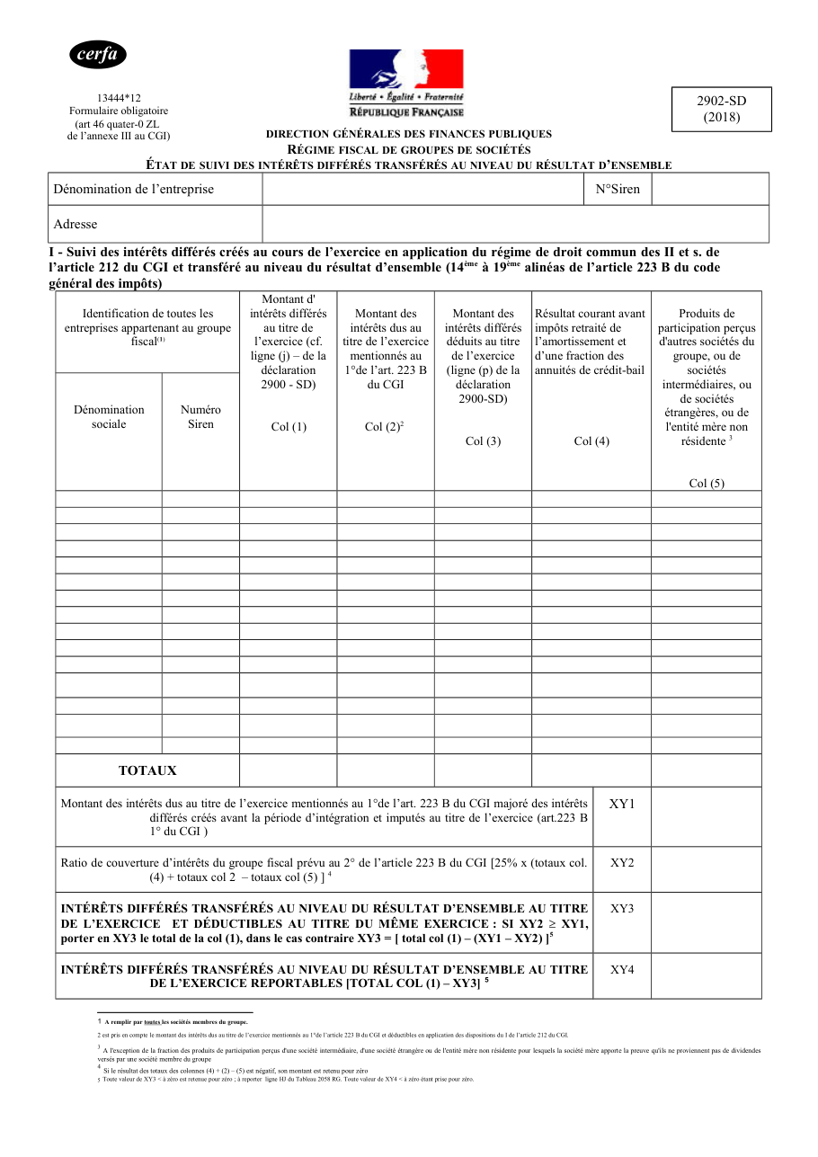 Page 1 du formulaire impots.gouv.fr n° 2902-SD — Suivre les intérêts différés transférés au résultat d'ensemble d'un groupe