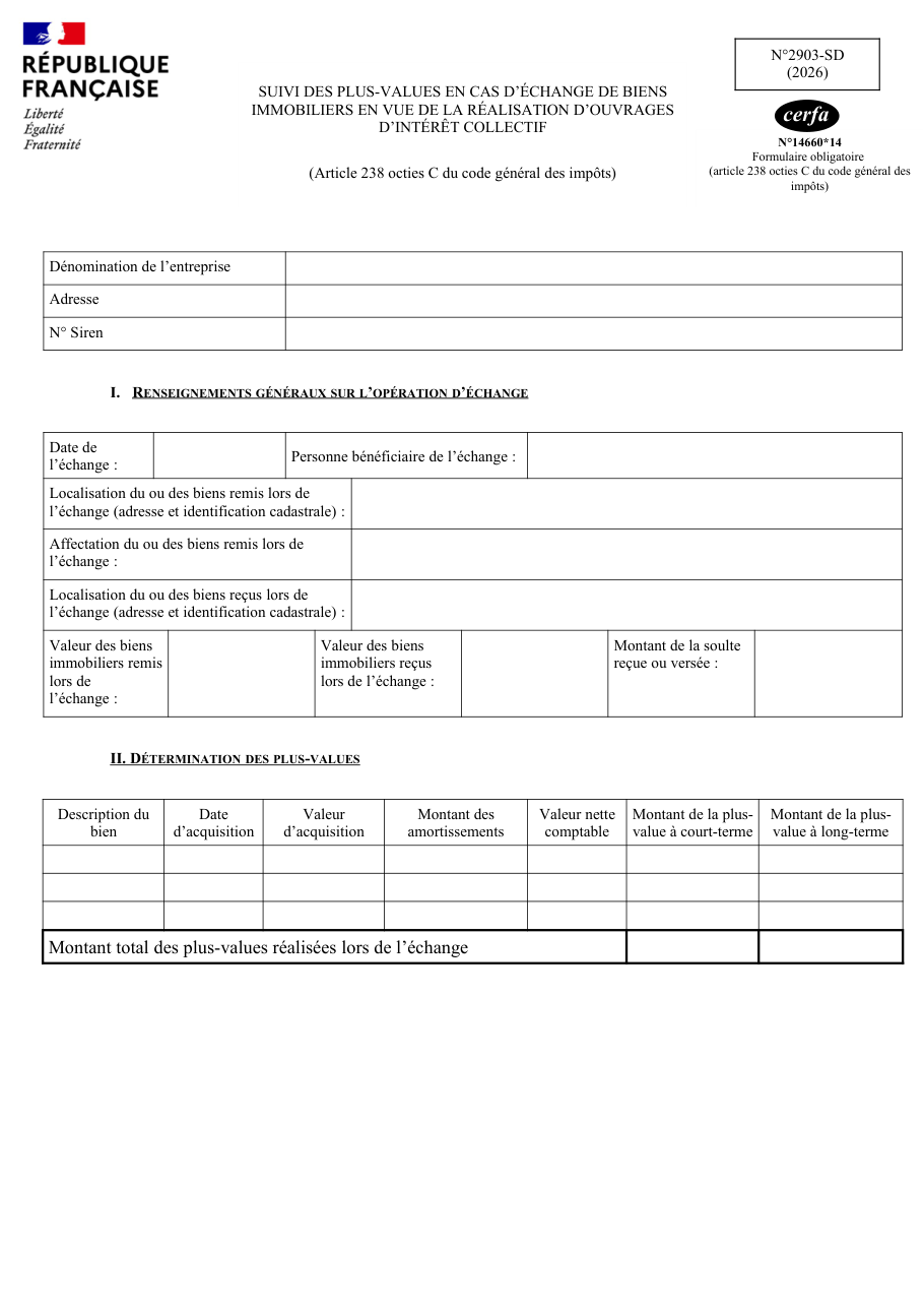 Page 1 du formulaire impots.gouv.fr n° 2903-SD — Suivre les plus-values d'un échange de biens immobiliers