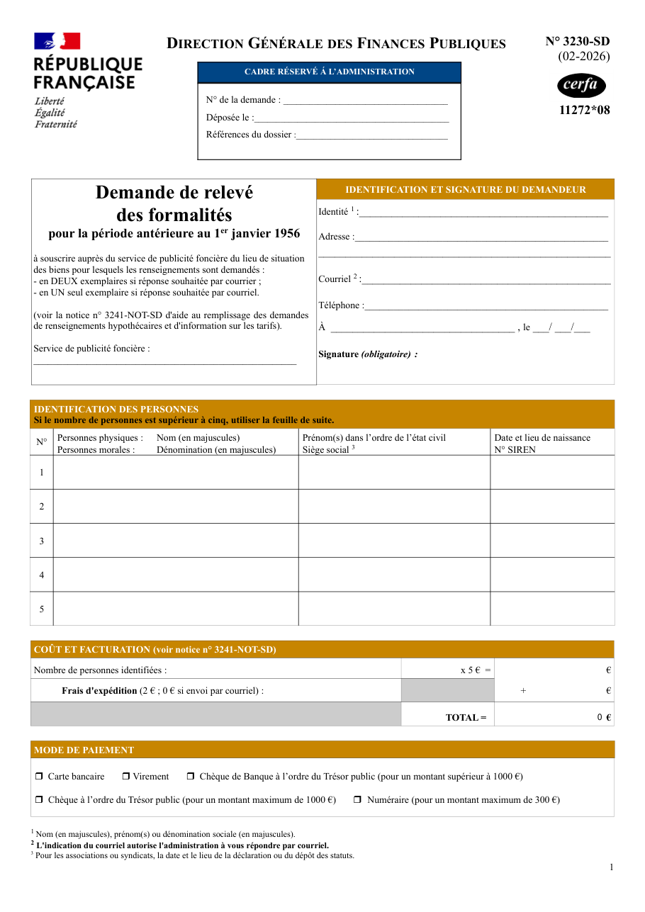 Page 1 du formulaire impots.gouv.fr n° 3230-SD — Demander le relevé des formalités publiées avant 1956