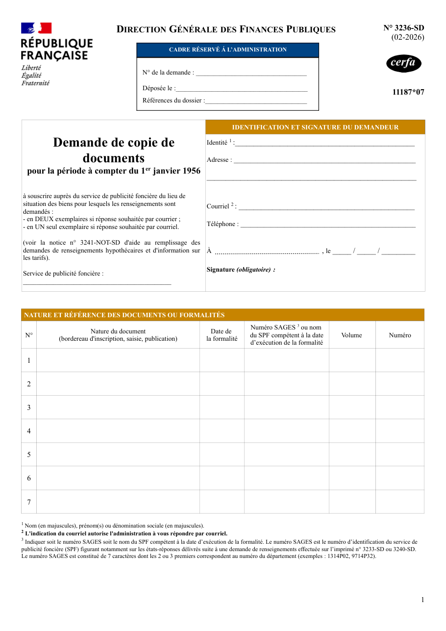 Page 1 du formulaire impots.gouv.fr n° 3236-SD — Demander la copie de documents publiés depuis 1956