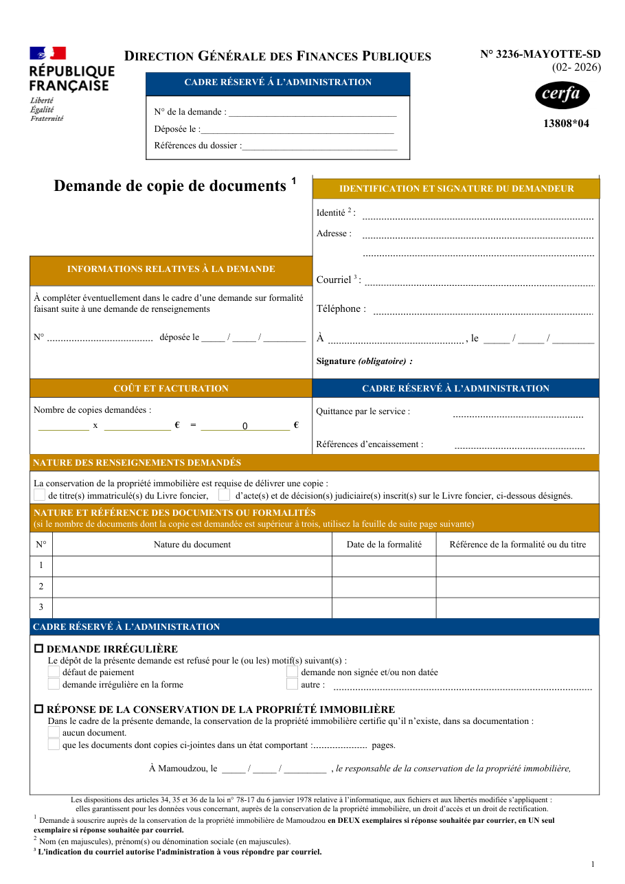 Page 1 du formulaire impots.gouv.fr n° 3236 — Demander une copie de documents du Livre foncier à Mayotte