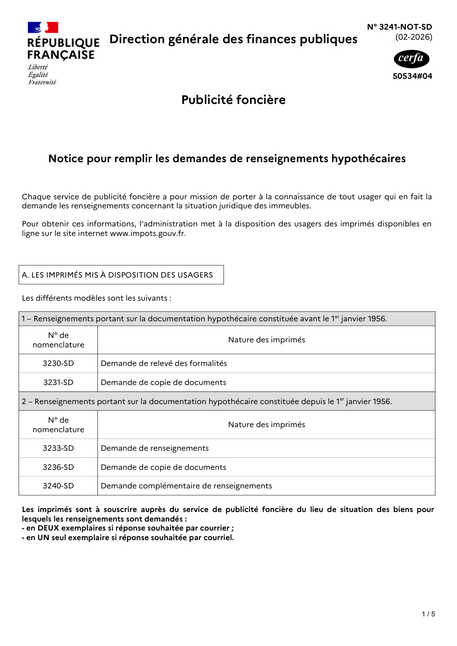Page 1 du formulaire impots.gouv.fr n° 3241-NOT-SD — Choisir et remplir la bonne demande de renseignements hypothécaires