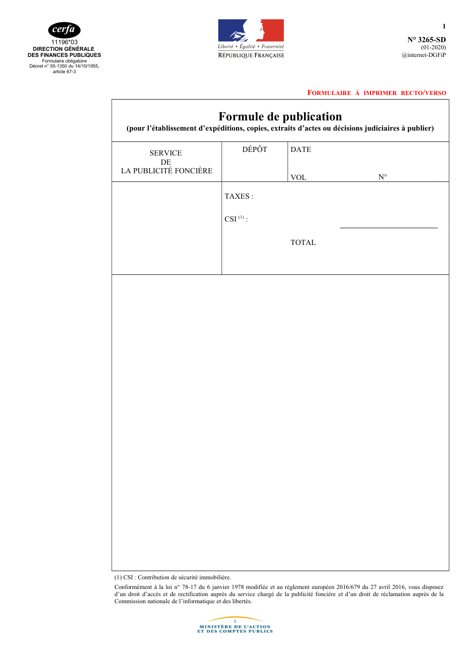 Page 1 du formulaire impots.gouv.fr n° 3265-SD — Établir la formule de publication d'un acte