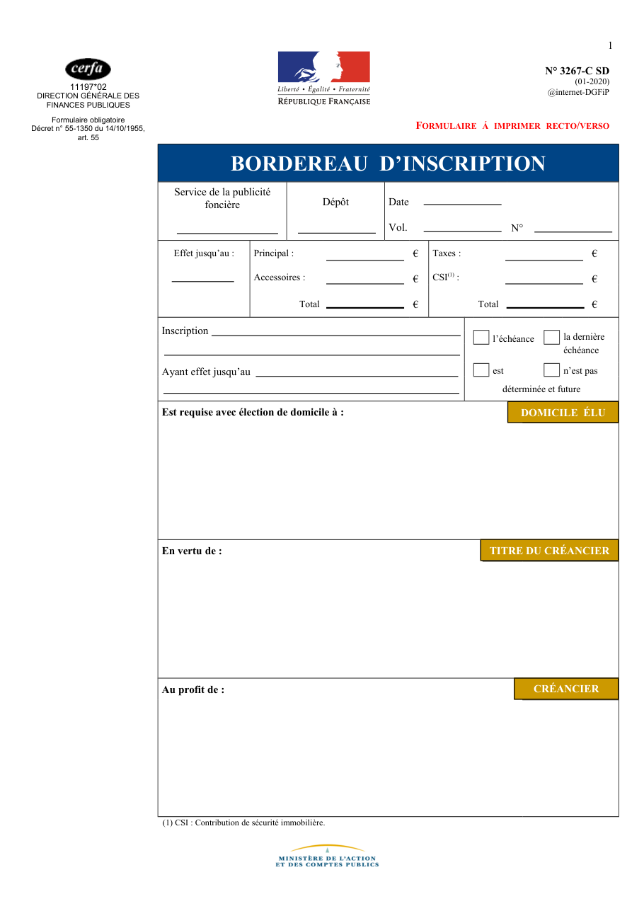 Page 1 du formulaire impots.gouv.fr n° 3267-C-SD — Requérir l'inscription d'une hypothèque au service de publicité foncière